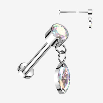 Implant Grade Titanium OneFit Threadless Sparkle Marquise Dangle Top Flat Back Labret-Aurora Borealis